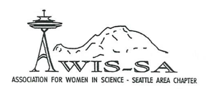 Seattle AWIS logo from 1985 when the chapter was launched. The chapter was previously called AWIS-SA. The logo has the Seattle spaceneedle as the A in AWIS, and Mt. Rainier appears as a cartoon behind the text. 